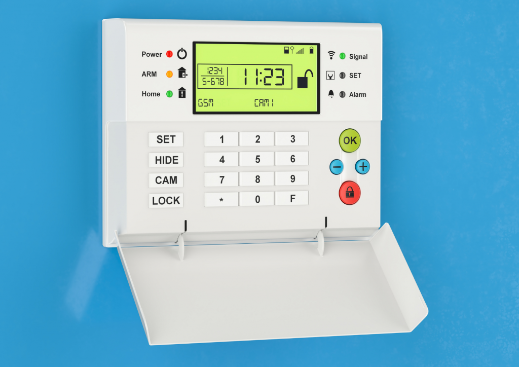 Alarme GSM activée sur fond bleu