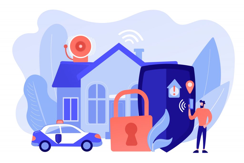 Illustration bleu et rouge d'un homme sur son téléphone ayant reçu une notification d'une alarme maison déclenchée